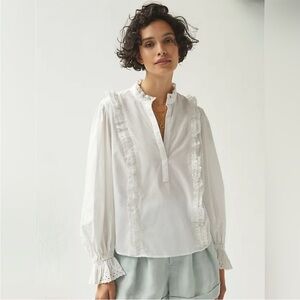Anthropologie Maeve Ruffled Eyelet Blouse Top White Size S